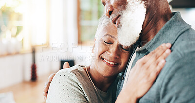 Buy stock photo Home, senior couple and hug for love, support or connection to partner in marriage. Interracial, happy woman and man embrace for romantic relationship, loyalty and commitment in retirement together