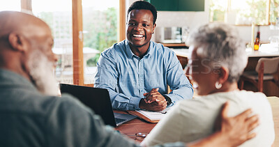 Buy stock photo Meeting, success and consulting with old couple with financial advisor for retirement fund, fraud protection and pension planning. Documents and solution with people at home for account manager