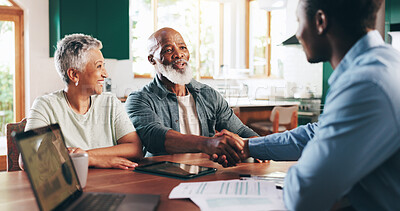 Buy stock photo Handshake, meeting and old couple with financial advisor for retirement fund, fraud protection and pension planning. Documents, greeting and shaking hands with people at home for account manager