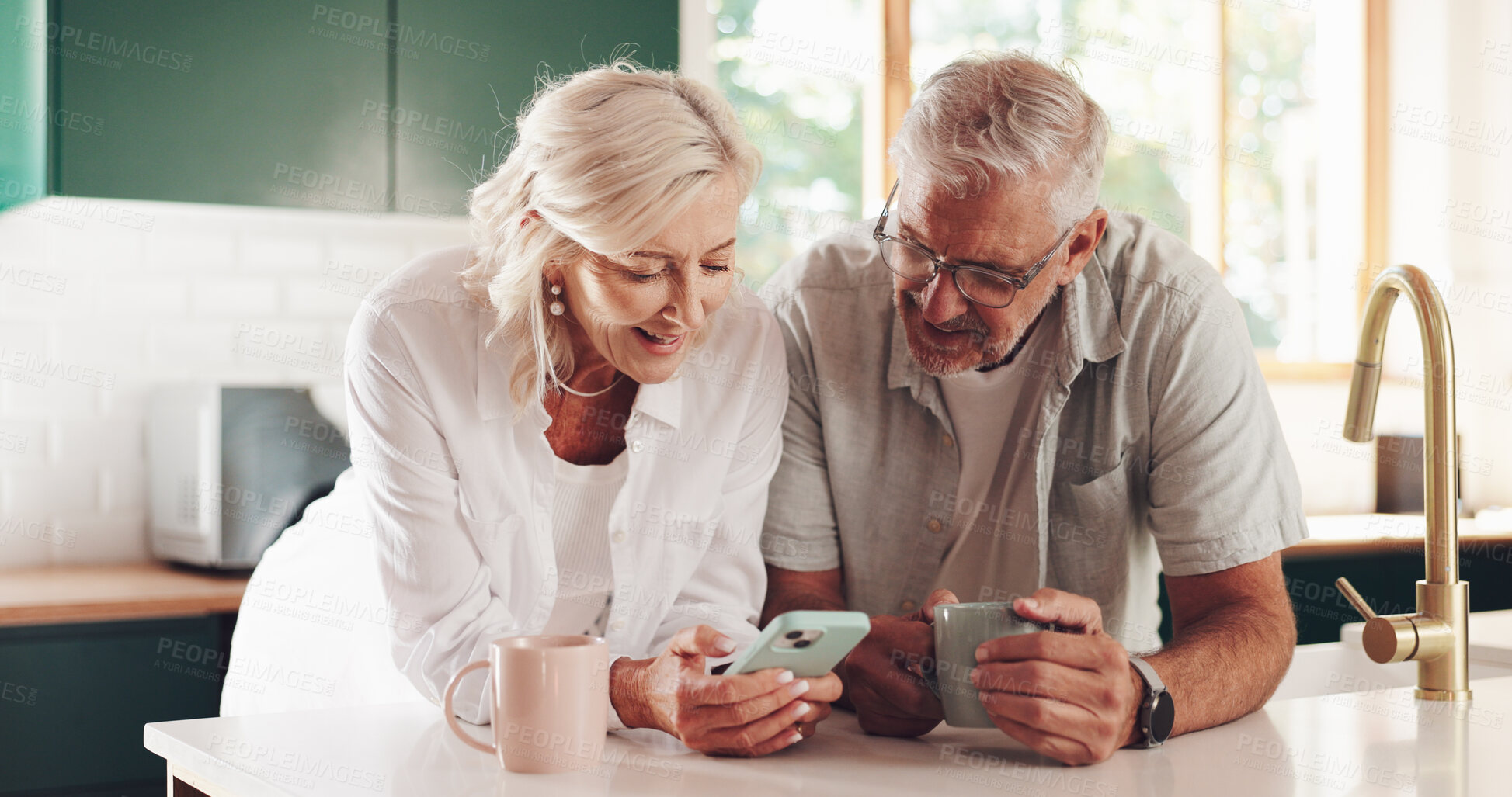 Buy stock photo Morning, phone and smile with old couple in kitchen for retirement fund, social security benefits or news. Senior discount, membership application or update with people at home for annuity sign up