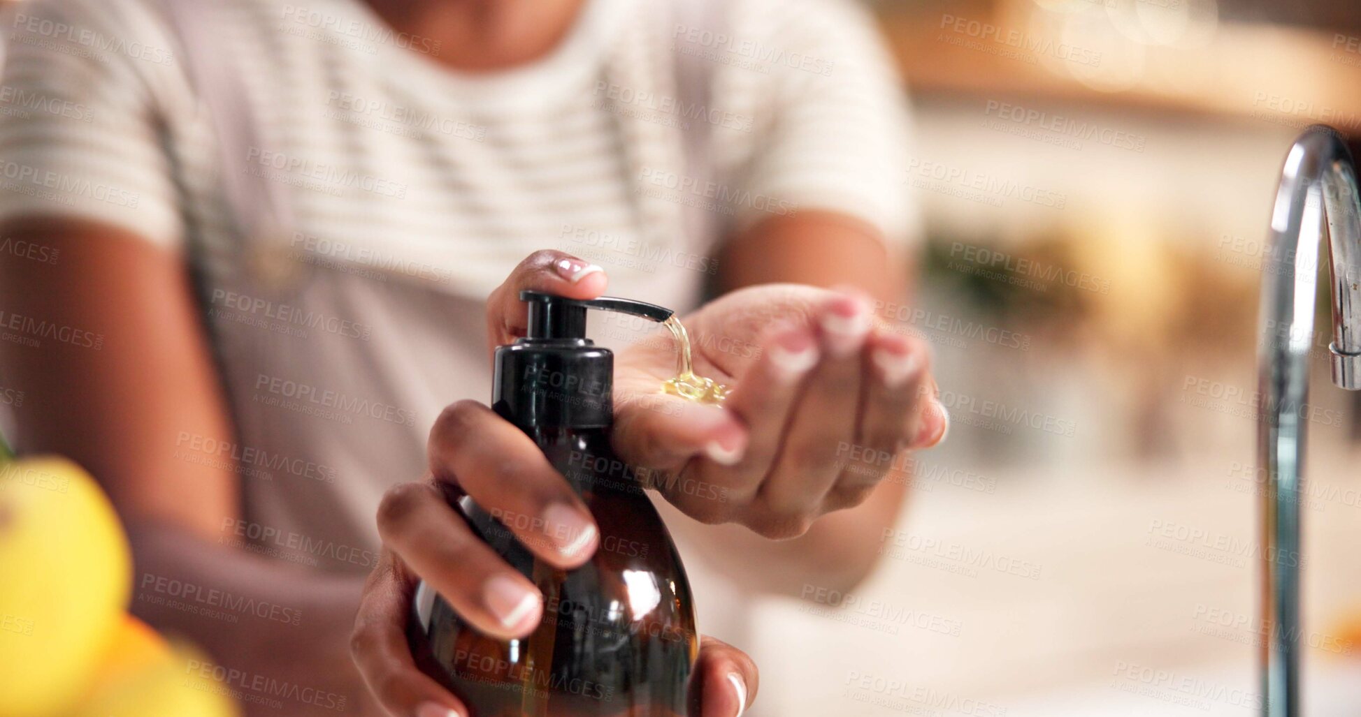 Buy stock photo Washing hands, soap bottle and hygiene in bathroom, home and stop bacteria for wellness in morning. Person, product and cleaning skin for germs, virus and dirt with liquid for sanitation at apartment