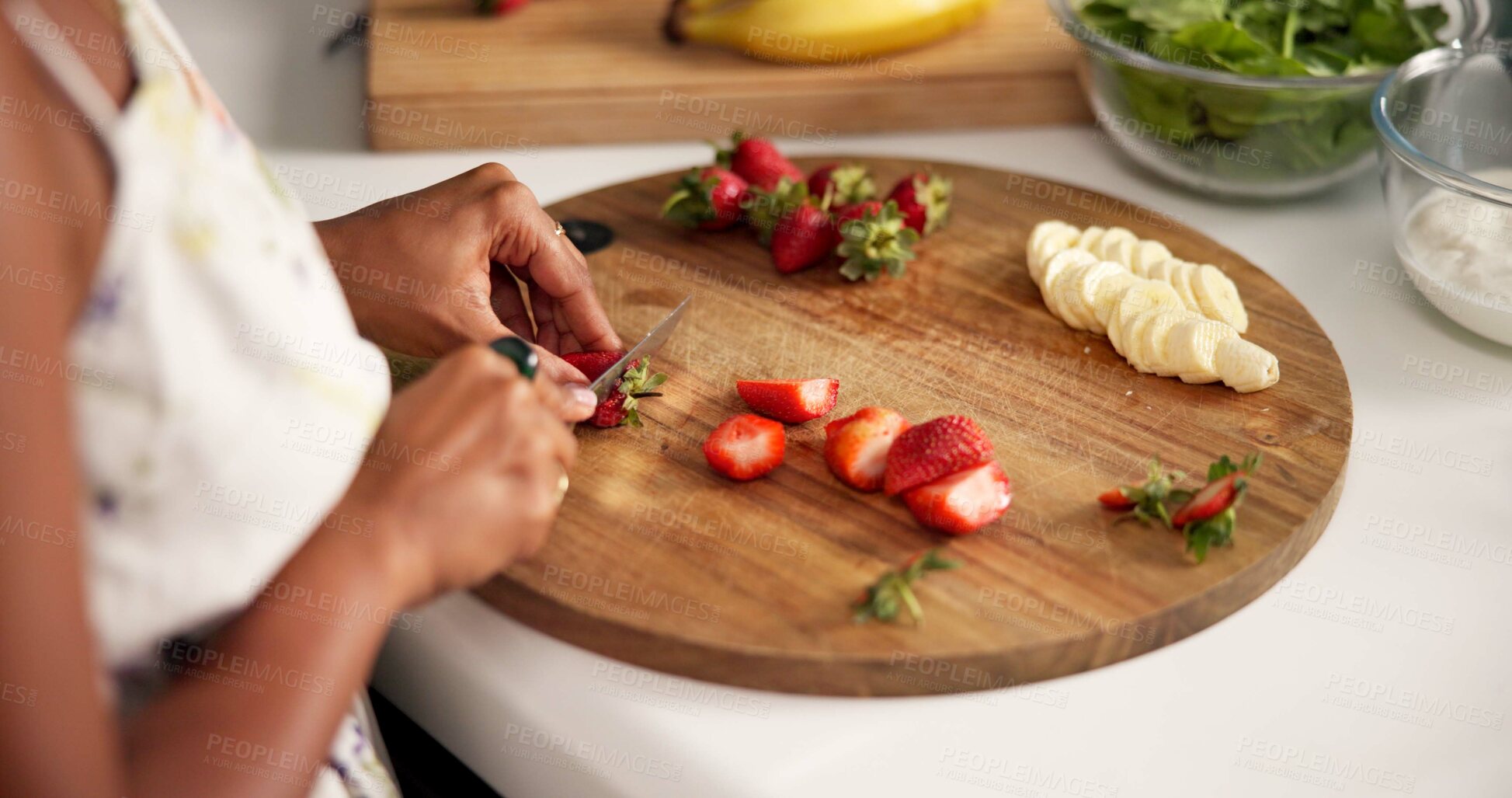 Buy stock photo Woman, hands and cutting with fruit for prep, salad or healthy diet in kitchen at home. Meal closeup, female person or food preparation with natural organic strawberry or banana for vitamin nutrition