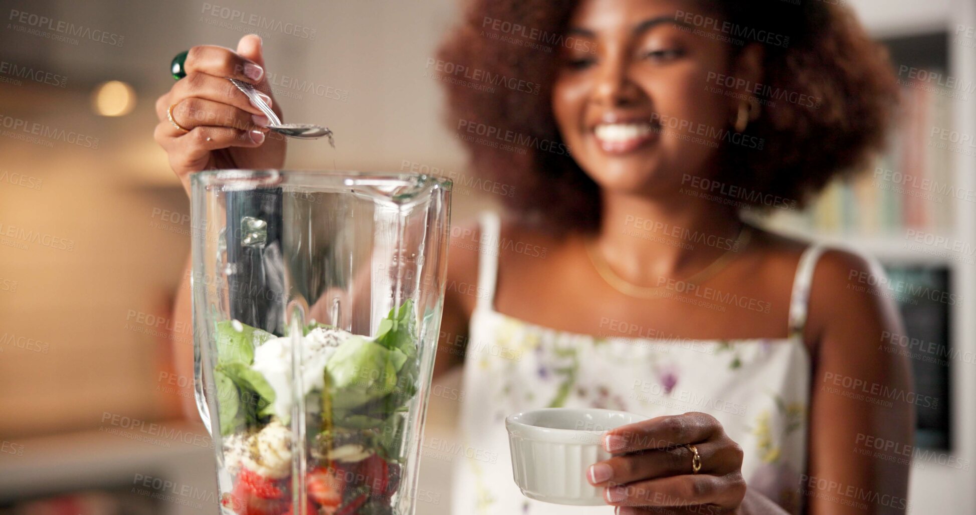 Buy stock photo Smoothie, hands and woman with seeds in blender for healthy shake, weight loss or nutrition. Kitchen, person and ingredients preparation in mixer for detox drink, meal replacement or wellness in home