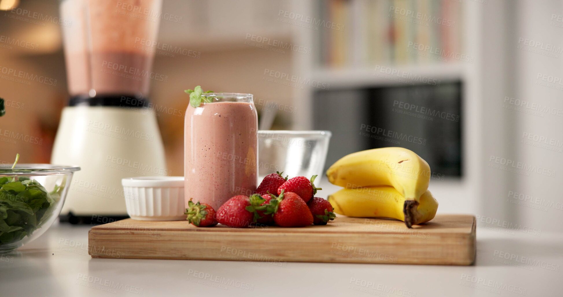 Buy stock photo Fruits, healthy and smoothie glass at house for nutrition drink, detox benefits and weight loss process. Ingredients, preparation and organic beverage for diet, protein shake and digestion wellness