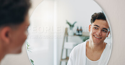 Buy stock photo Happy man, mirror and check for beauty in home with results, face reflection and grooming in morning. Good mood, facial glow and confident male person in bathroom with smile, hygiene and skincare