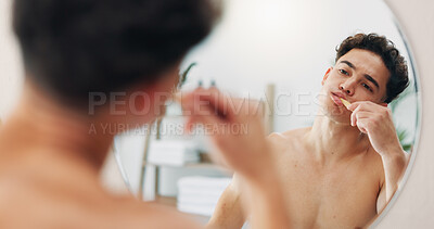Buy stock photo Dental, health and man brushing teeth at mirror for oral hygiene in home bathroom. Cleaning, reflection and person with toothbrush for gum wellness, fresh breath and self care for morning routine