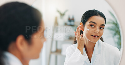 Buy stock photo Cream, mirror and woman in bathroom, skincare and confidence with lotion, wellness and beauty. Person, house and girl with reflection, moisturizer and cosmetics for hydration, creme and dermatology