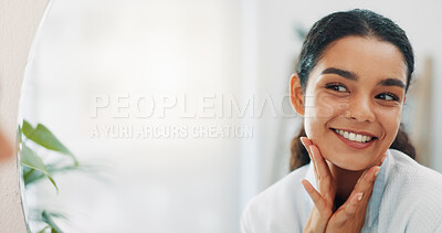 Buy stock photo Smile, mirror and woman in bathroom, skincare and cleaning with routine, wellness and pride. Person, home and girl with reflection, makeup or cosmetics with beauty, dermatology or grooming with space
