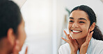 Smile, reflection and woman in bathroom, skincare and grooming with dermatology, wellness and beauty. Happy person, house and girl with mirror, makeup and cosmetics with treatment, joy and cleaning