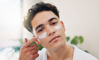 Buy stock photo Man, portrait and skincare with cream in home, wellness and hydration benefits in morning. Bathroom, routine and male person with application for cosmetics, beauty treatment and moisturizer for face