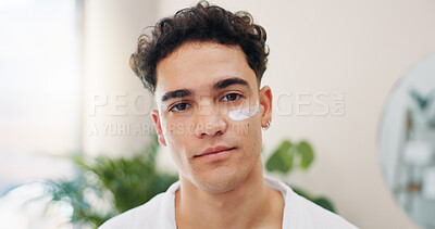 Buy stock photo Home, man and portrait with cream for skincare, wellness and hydration benefits in morning. Bathroom, routine and male person with application for cosmetics, beauty treatment and moisturizer for face