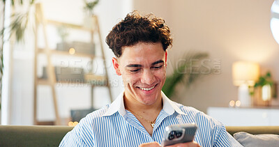 Buy stock photo Home, man and smile with smartphone for chat, online communication and connection with contact. House, male person and cellphone for mobile application, social media and message on dating web on sofa