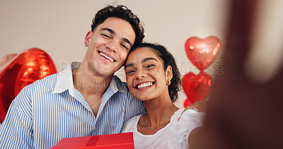 Buy stock photo Love, gift and couple with selfie on valentines day for romantic relationship, profile picture or happy together. Portrait, people or photography with present for social media update, loyalty or care