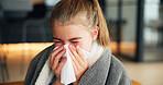 Sick girl, cold and blowing nose with tissue for influenza, flu or viral infection at home. Child, kid or teenager with sneeze, sinus or hayfever for virus, allergy or illness from contagious disease