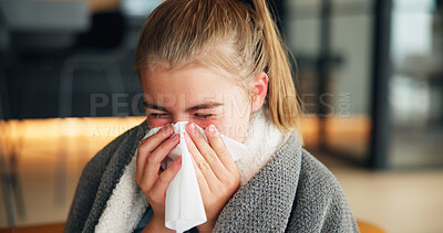 Buy stock photo Sick girl, cold and blowing nose with tissue for influenza, flu or viral infection at home. Child, kid or teenager with sneeze, sinus or hayfever for virus, allergy or illness from contagious disease
