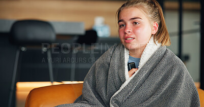 Buy stock photo Blanket, sick and teen girl on sofa in living room of home for break, recovery from illness or rest. Comfortable, unwell or warm with unhappy person in apartment with cold, fever or flu symptoms