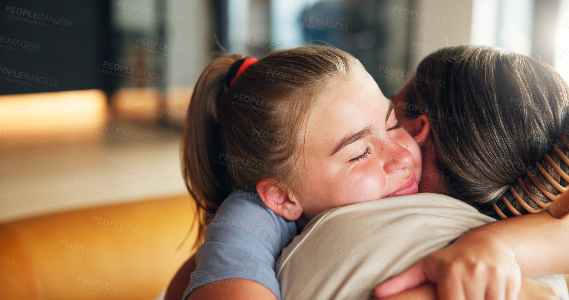 Buy stock photo Daughter, mom or love with hug on sofa for embrace, comfort or care together in living room at home. Teenager, relief and holding mother with gratitude for thank you, appreciation or support at house