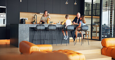 Buy stock photo Parents, kids and eating breakfast in kitchen with healthy food, conversation and bonding together. Happy family, people and morning routine in home with lunch nutrition, relationship and support