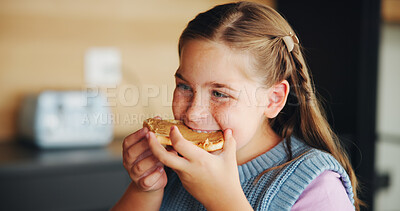 Buy stock photo Eating, happy and child with toast in morning for breakfast in home for nutrition, diet or vitamins. Hungry, food and girl kid enjoying bread with peanut butter for snack, lunch or meal at house.