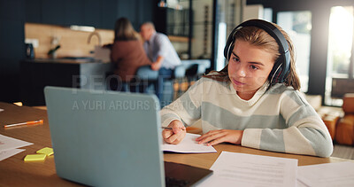 Buy stock photo Video call, virtual class and child on laptop for online learning, education and lesson on website. School, home and young girl with computer, notes and writing for assessment, knowledge and quiz