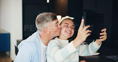 Buy stock photo Dad, daughter and kiss with cheek for selfie, photography or picture together at home. Happy girl, father and teenager with smile, love or tablet in joy for memory, bonding or social media at house