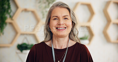 Buy stock photo Happy woman, portrait or mature manager in lobby for hotel accommodation, hospitality or luxury lodge. Face, confidant or concierge with smile, pride or welcome for motel, resort or check in services