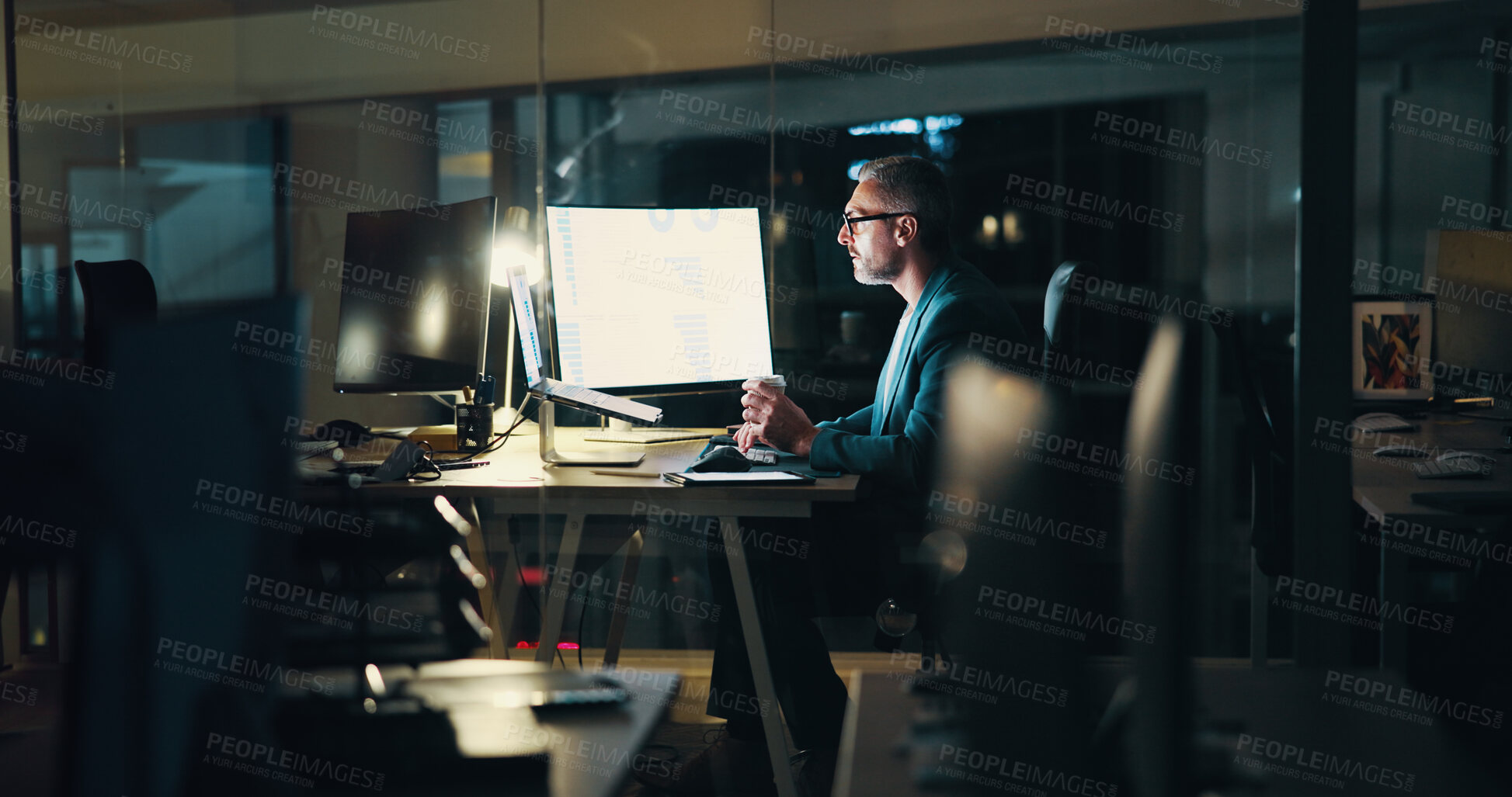 Buy stock photo Corporate, night and businessman on computer with statistics for finance report, research and analytics. Office, company and person working late for financial planning, project deadline and fintech