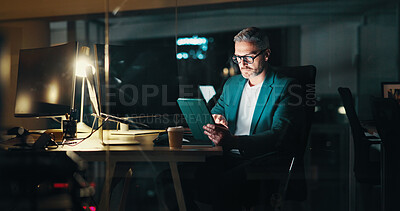 Buy stock photo Mature man, night and tablet in office, financial consultant and online for trading trend. Accounting, expert advisor and email international client for update on stock, report deadline and contact