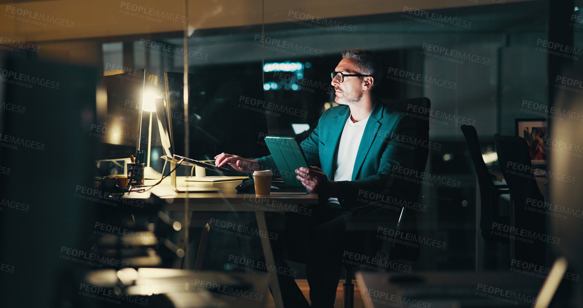 Buy stock photo Man typing, night and laptop in office, financial consultant and online for trading trend. Accounting, expert advisor and email international client for update on stock, report deadline and tablet