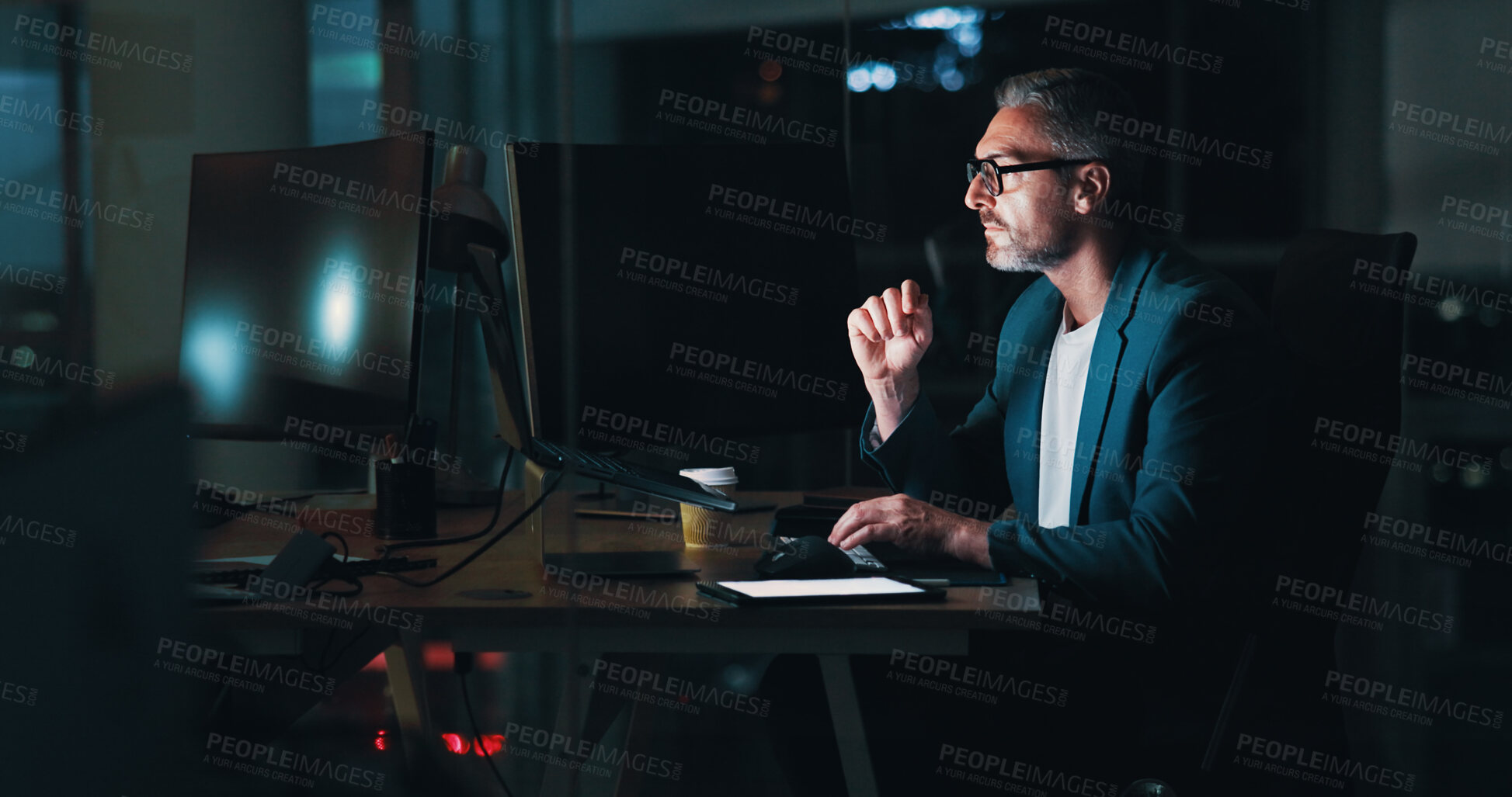 Buy stock photo Night, reading or businessman on computer for finance, economic news or investment growth. Banking security, overtime and mature financial analyst online for research, stock market or trading review