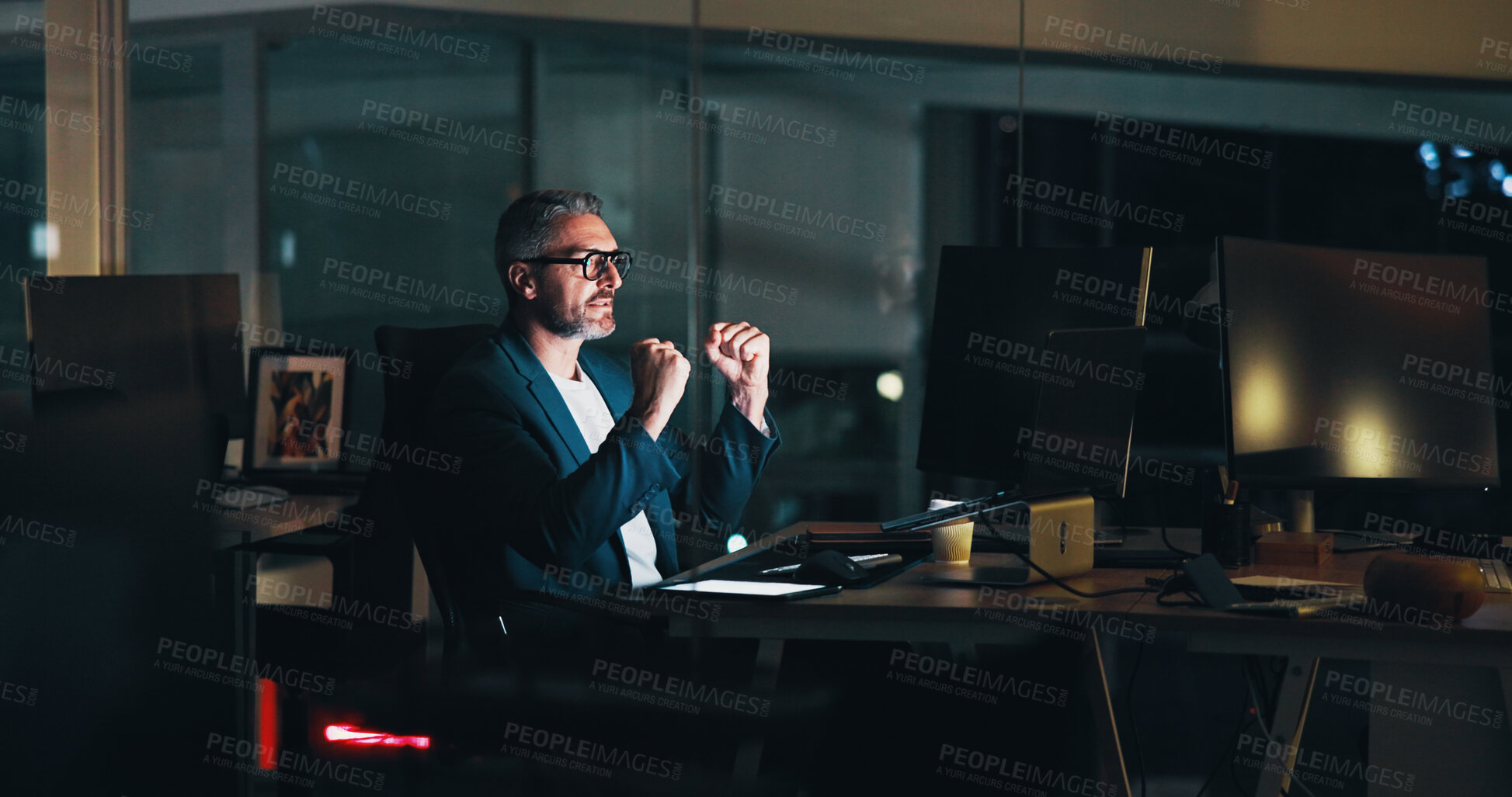 Buy stock photo Business, man and celebration with laptop at night for software development or troubleshooting success. Web developer, mature person and victory fist for website maintenance or system update deadline