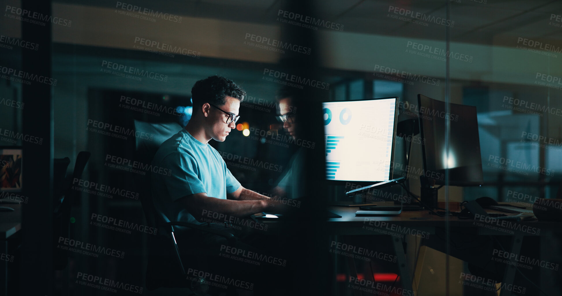 Buy stock photo Night, creative or man on computer in startup for analytics report, deadline or online research. Engagement, late or content strategist typing for digital marketing trends or social media app growth