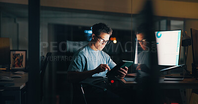 Buy stock photo Night, creative or man on tablet for startup analytics report, deadline or online research. Engagement, late or content strategist on computer for digital marketing trends or social media app growth