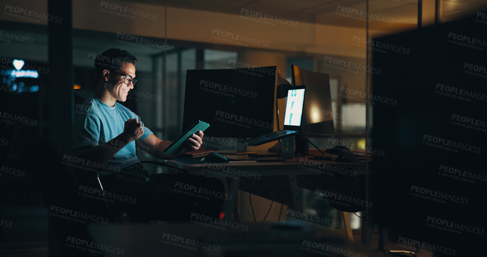 Buy stock photo Business, man and celebration with tablet in office for website security success, troubleshooting or UI design. Web developer, person or victory fist for app launch or system update deadline at night