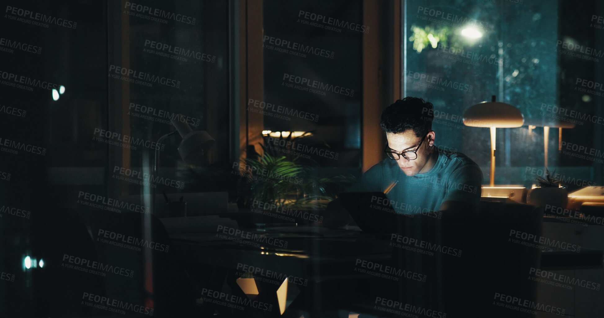 Buy stock photo Overtime, late or man on tablet for startup report, post deadline or online update research. Engagement, night or content strategist on technology for digital marketing trends or social media growth