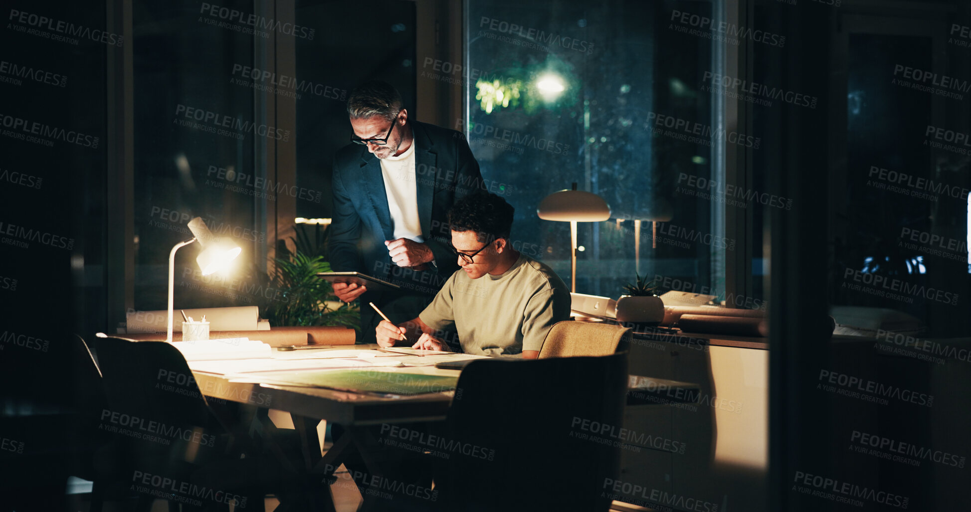 Buy stock photo Night, programmer meeting and tablet for test, feedback and overtime work for data analysis notes. Business men, mentor and collaboration for web design, cloud computing or b2b networking deadline