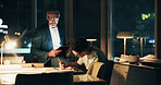 Night, design meeting and tablet for feedback, teamwork and overtime work for data analysis. Business men, mentor programmer and collaboration for web, cloud computing or b2b networking deadline