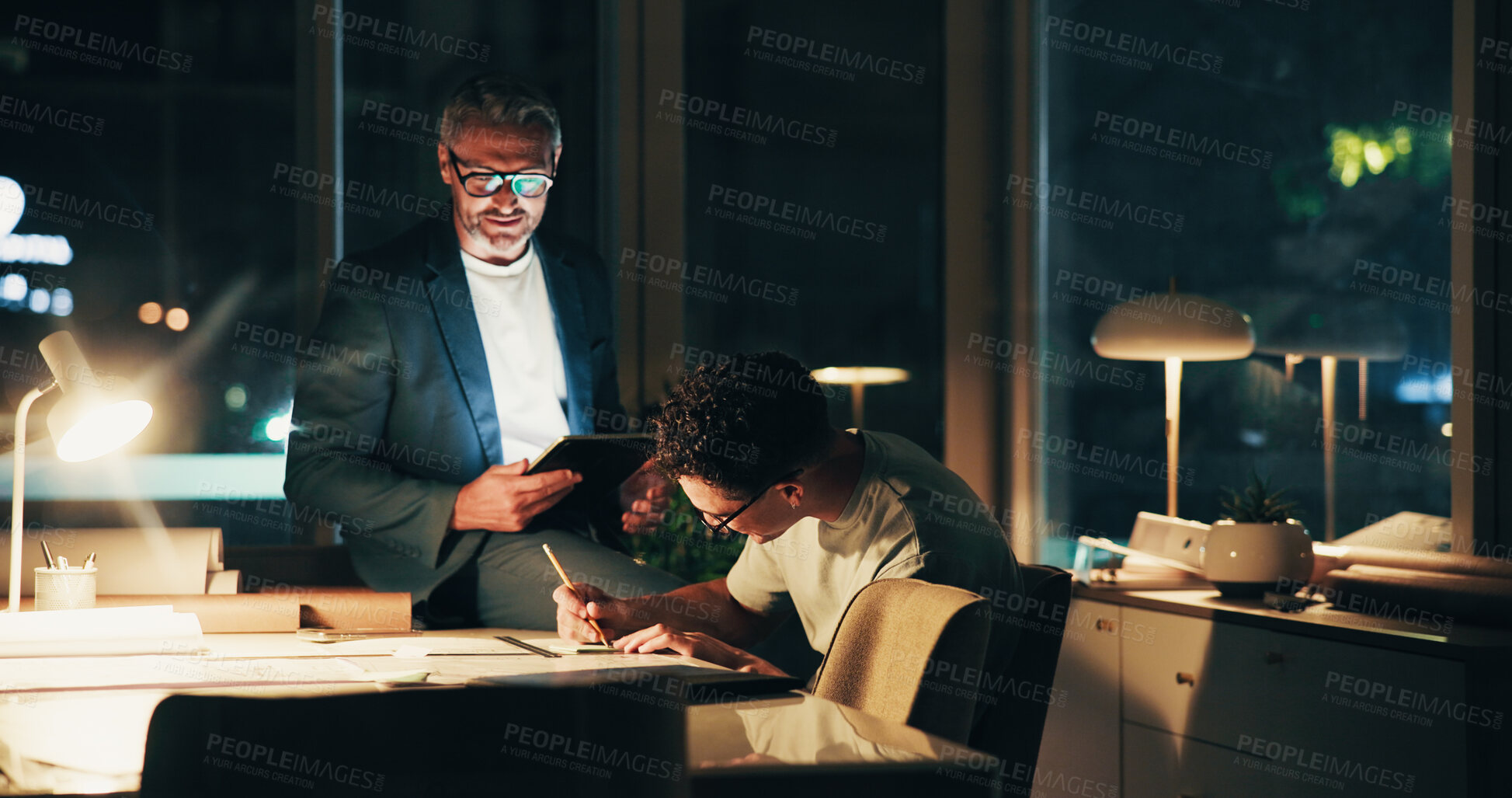 Buy stock photo Architecture, night and men in office for urban planning advice, property design and floorplan. Creative agency, working late and architect with layout, blueprint and ideas for building project