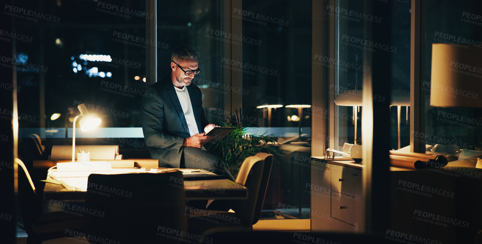 Buy stock photo Architecture, night and mature man for ideas, urban planning and property design or floorplan. Creative agency, working late and architect with tablet, blueprint and layout for building project