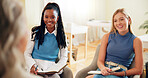 Happy women, interns or listening with mentor in meeting for learning, staff training or workshop at office. Female people, junior employees or coaching students with smile for project discussion