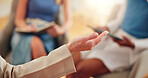 Person, hands or discussion with team for meeting, brainstorming or project planning at office. Closeup, speaker or explanation with staff for conversation, communication or collaboration at workshop