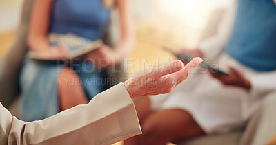 Buy stock photo Person, hand or counselling with team for meeting, brainstorming or project planning at office. Closeup, speaker or explanation with staff for conversation, communication or collaboration at workshop
