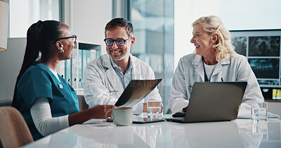 Buy stock photo Hospital, x ray and doctors in meeting for teamwork, consulting and medical advice with scan. Healthcare, radiology and man and women on digital tech for collaboration, research and patient diagnosis