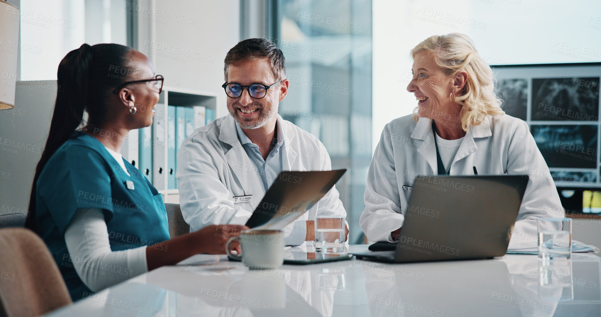 Buy stock photo Hospital, x ray and doctors in meeting for teamwork, consulting and medical advice with scan. Healthcare, radiology and man and women on digital tech for collaboration, research and patient diagnosis