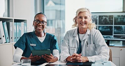 Buy stock photo Tablet, portrait and doctor with medical student in hospital for surgery planning in collaboration. Women, conversation and mature surgeon with healthcare intern for teaching treatment with tech.