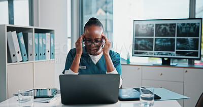 Buy stock photo Headache, black woman and doctor with laptop for xrays in hospital for stress, burnout or mistake. Migraine, computer and African healthcare worker with fatigue for medical emergency plan in clinic.