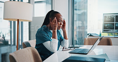 Buy stock photo Headache, black woman and doctor with laptop in hospital boardroom for stress, burnout or pain. Migraine, computer and African female healthcare worker with medical emergency planning in clinic.