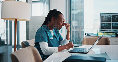 Buy stock photo Headache, black woman and doctor with laptop in clinic boardroom for stress, burnout or mistake. Migraine, computer and African healthcare worker with MRI scans for medical emergency plan in hospital