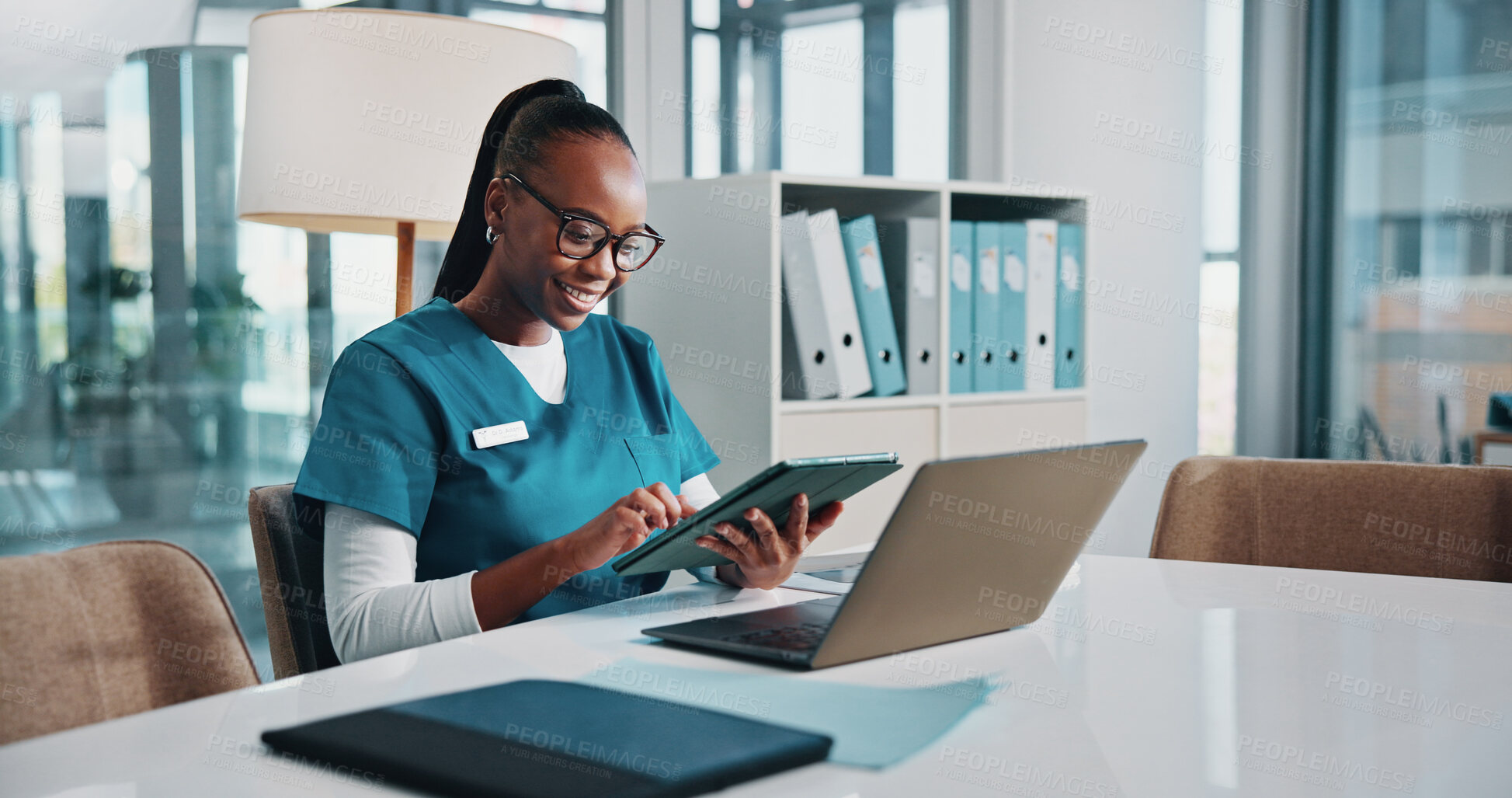 Buy stock photo Black woman, doctor and scroll on tablet in office of xray study, lab results and schedule update. Person, online or search for radiology information, medical report and review scan of treatment plan