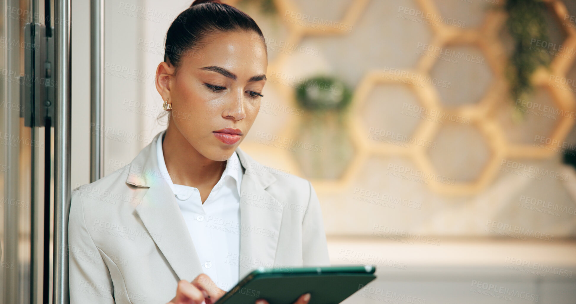 Buy stock photo Business, internet and woman in office, tablet and typing with research for proposal. Person, employee and consultant in workplace, tech and connection for email, digital app and online reading